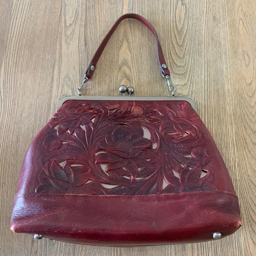 Patricia Nash Red Tooled Leather Floral Cutout Kiss Lock Frame Bag Satchel